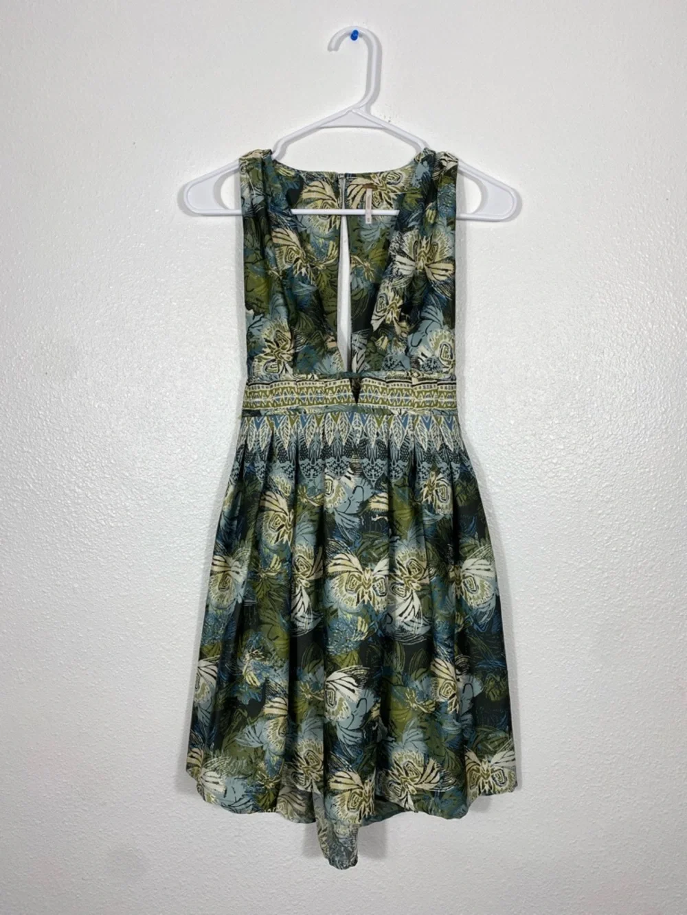 Free People Olive Green and Cream Floral Halter Mini Dress Size XS